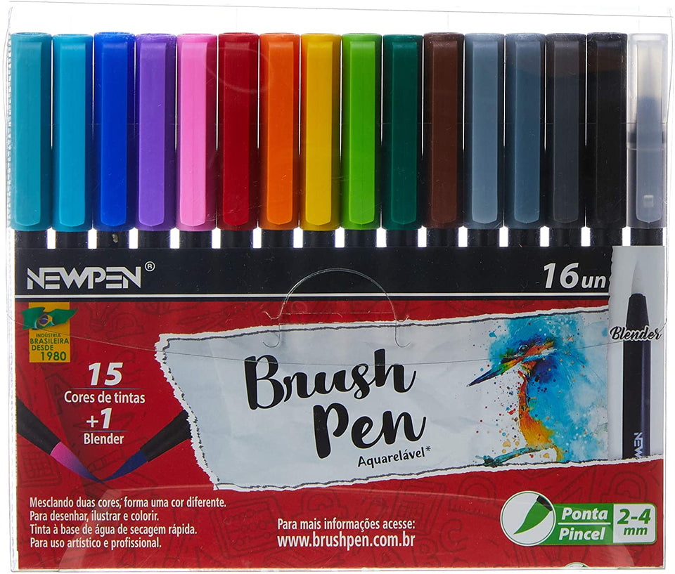 Brush Pen, 15 Cores + 1 Blender, Estojo 16 un. - NEWPEN